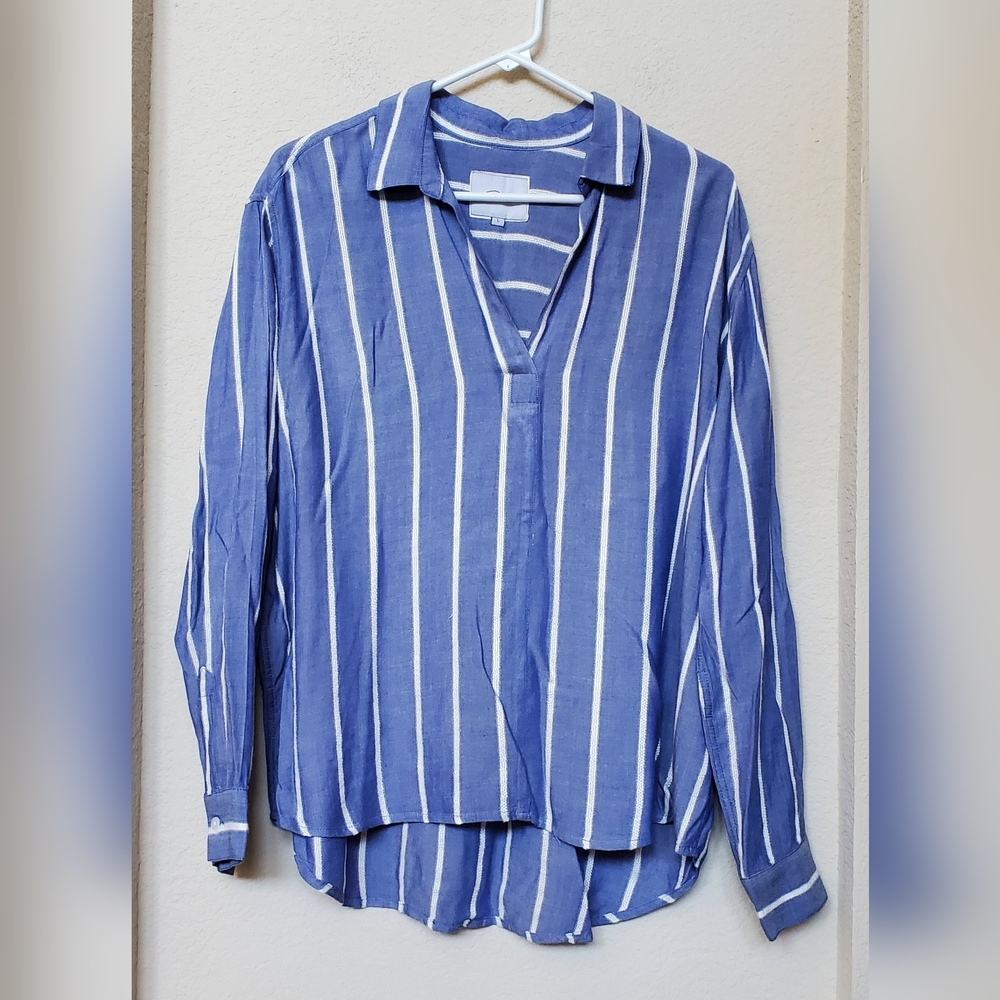 Rails Blue & White Vertical Stripe Collared V-Neck Blouse